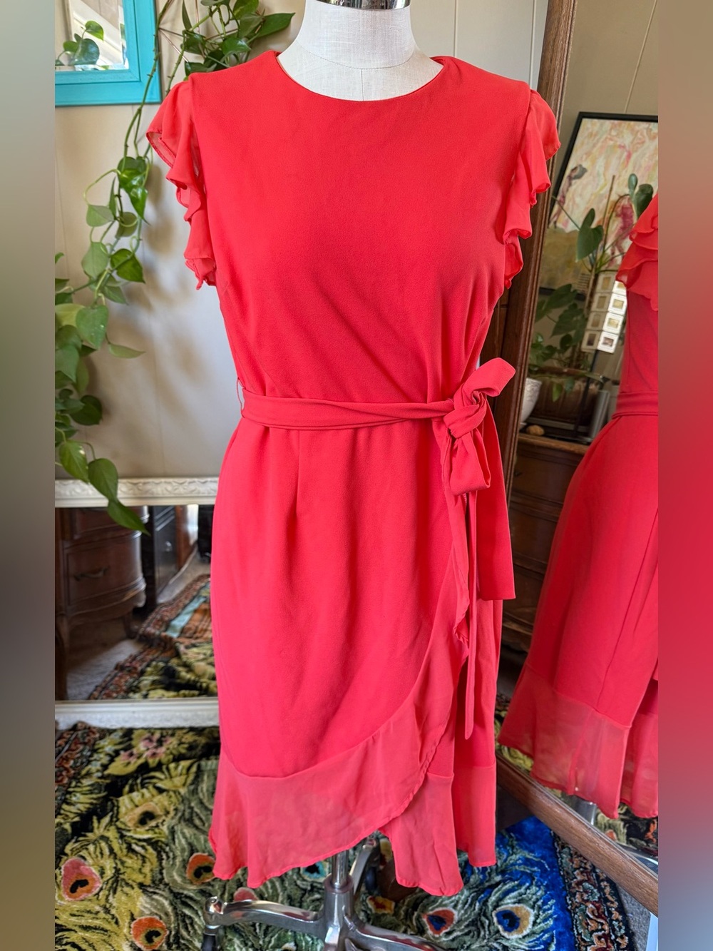 Shelby & Palmer Coral Red High-Low Ruffle Sleeve Tie-Waist Dress, size 16